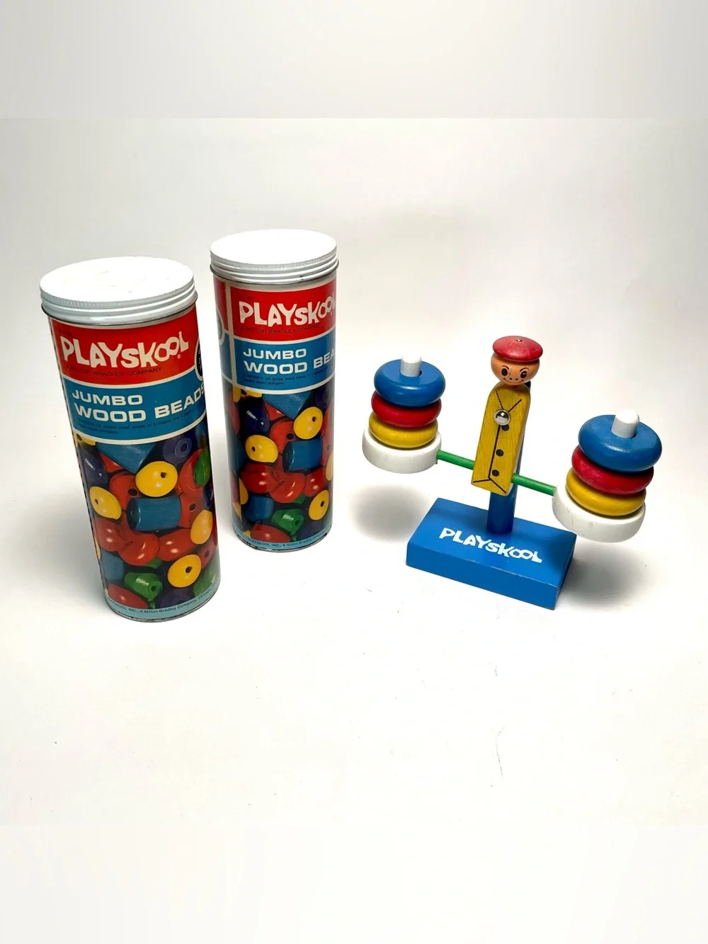 Vintage Playskool Wooden Toy Lot Jumbo Wood Beads Canisters & Balance Scale Man